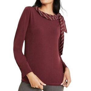Ann Taylor Women's Long Sleeve Striped Tie Neck Burgundy Blouse Top Small NWT